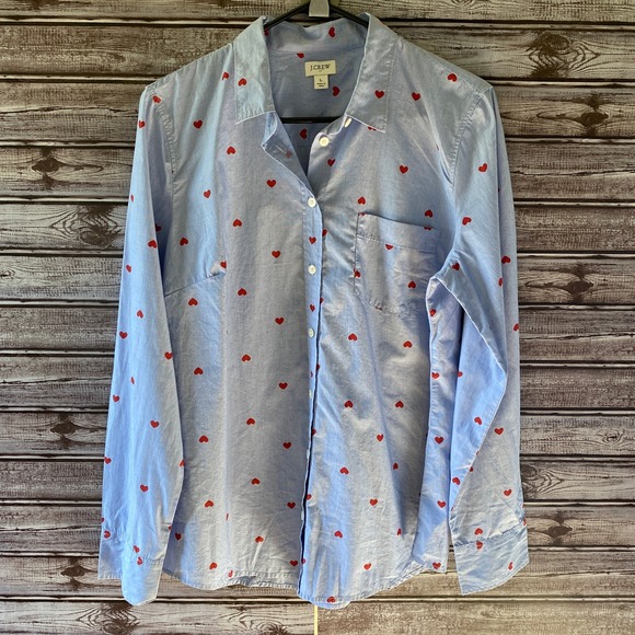 J Crew Women's Long-Sleeved Button-Down Top Size L Light Blue Red Heart Print - Picture 1 of 5